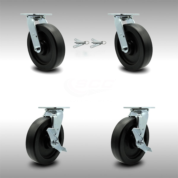 8 Inch SS Polyolefin Caster Set with Ball Bearings 2 Swivel Lock 2 Brake SCC